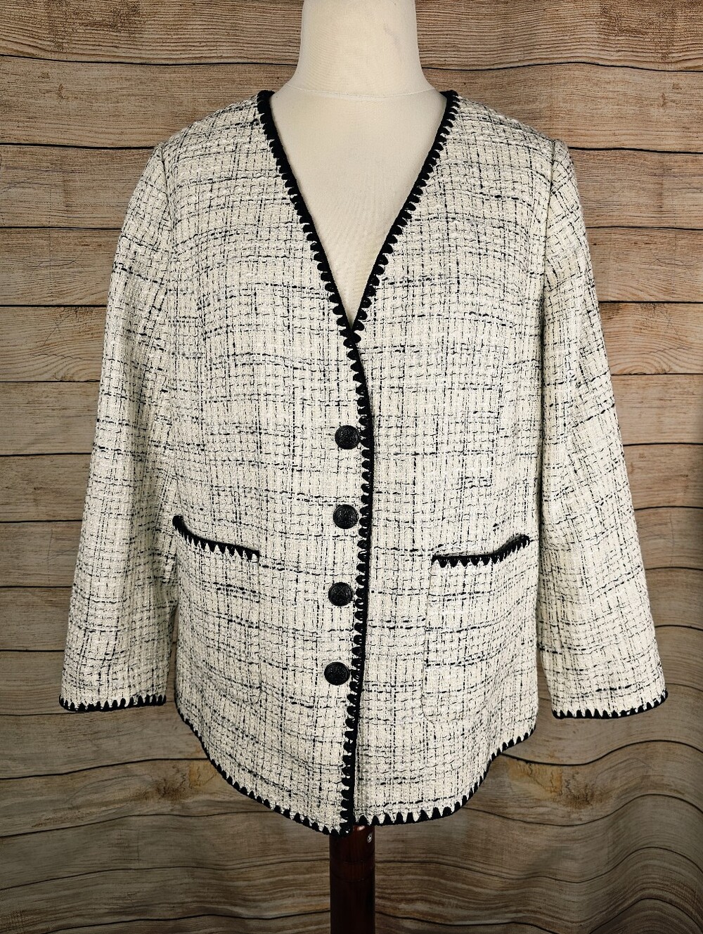 Talbots NEW Tipped Tweed Black & Ivory Blazer Size 16 W
